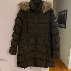 Laundry By Shelli Segal Olive Puffer Coat with Faux Fur Hood